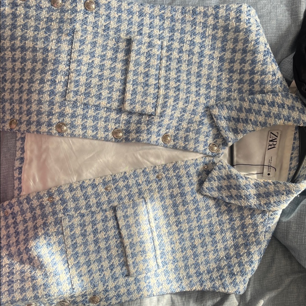 Zara Blue and White Checkered Blazer